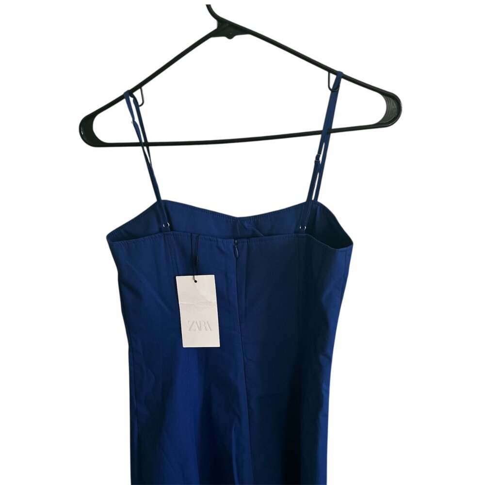 ZARA ZW Collection Poplin Midi Dress Blue Large Organic Cotton V‑Neck Spaghetti - Picture 10 of 13